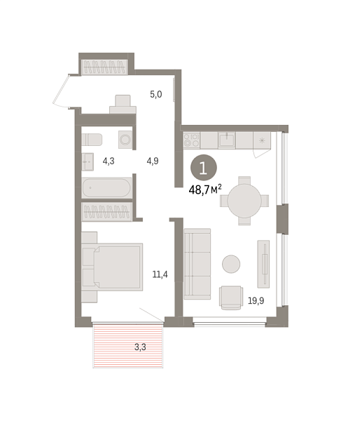 Новая 1-к квартира
 48.72 м² на 3/5 этаже в ЖК «Речной порт» в городе Тюмень 