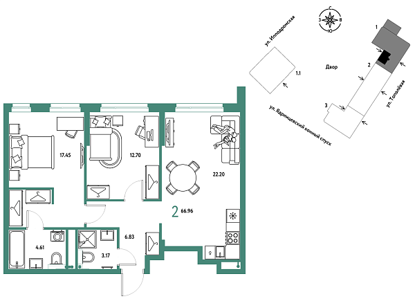 Новая 2-к квартира
 66.96 м² на 5/9 этаже в ЖК «Страна.Тополёвая» в городе Тюмень 