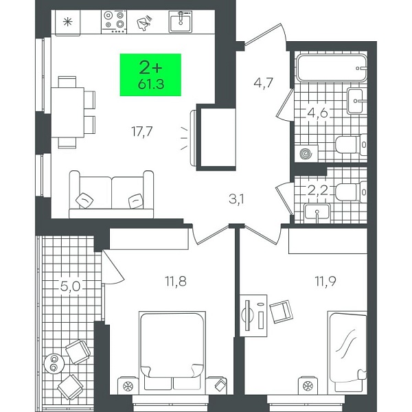 Новая 2-к квартира
 61.39 м² на 5/22 этаже в ЖК «Гранд Квартал» в городе Тюмень 