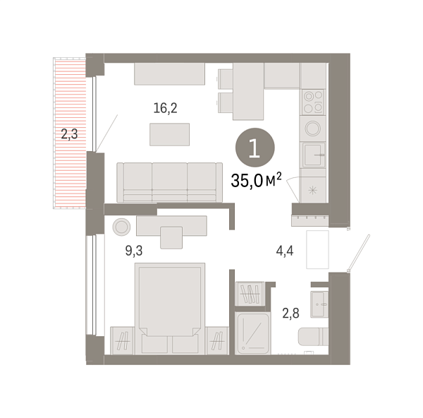 Новая 1-к квартира
 34.95 м² на 6/9 этаже в ЖК «Октябрьский на Туре» в городе Тюмень 