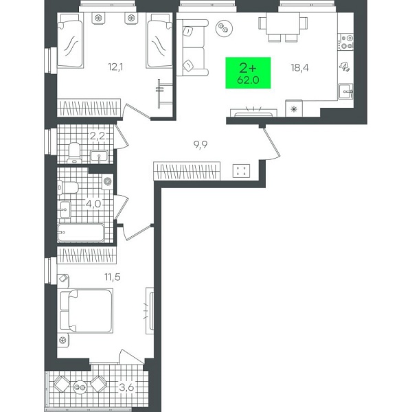Новая 2-к квартира
 62.07 м² на 4/22 этаже в ЖК «Гранд Квартал» в городе Тюмень 
