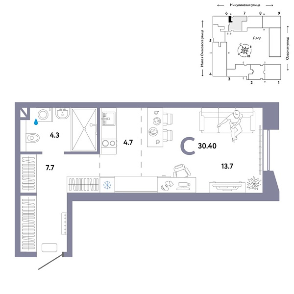 Новая квартира-студия
 30.4 м² на 3/30 этаже в ЖК «Страна.Озёрная» в городе Тюмень 