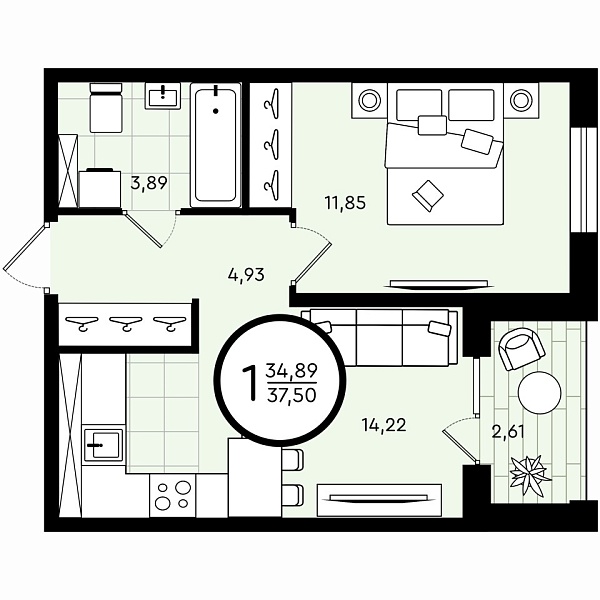 Квартира, 37 кв.м., Александра Звягина, 5
