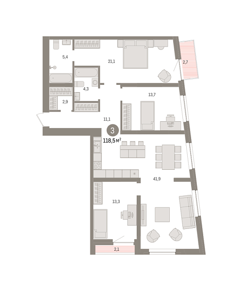 Новая 3-к квартира
 118.5 м² на 3/10 этаже в ЖК «Речной порт» в городе Тюмень 