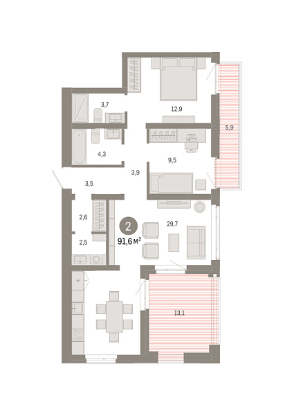 Новая 2-к квартира
 91.63 м² на 4/9 этаже в ЖК «Республики 205» в городе Тюмень 
