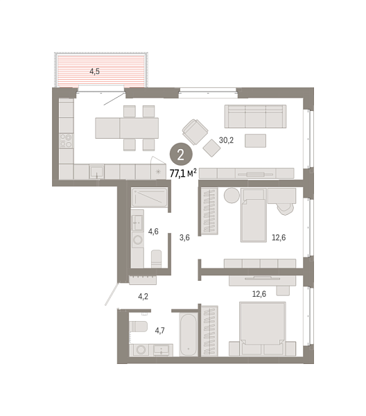 Новая 2-к квартира
 77.05 м² на 5/7 этаже в ЖК «Кварталы «На Минской»» в городе Тюмень 