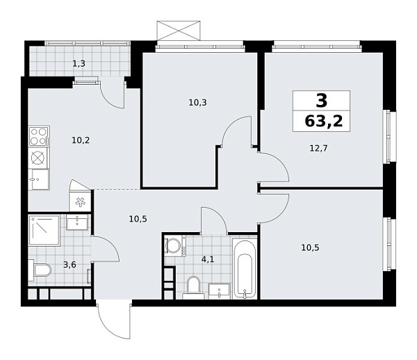 Новая 3-к квартира
 63.2 м² на 11/30 этаже в ЖК «Южные сады» в городе Тюмень 