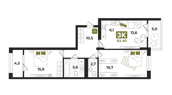 Новая 3-к квартира
 83.4 м² на 14/15 этаже в ЖК «Опера» в городе Тюмень 