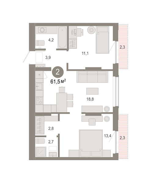 Новая 2-к квартира
 61.51 м² на 4/9 этаже в ЖК «Октябрьский на Туре» в городе Тюмень 