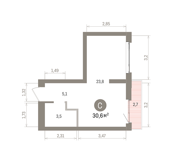 Количество комнат: Студия,  30.6 кв.м.