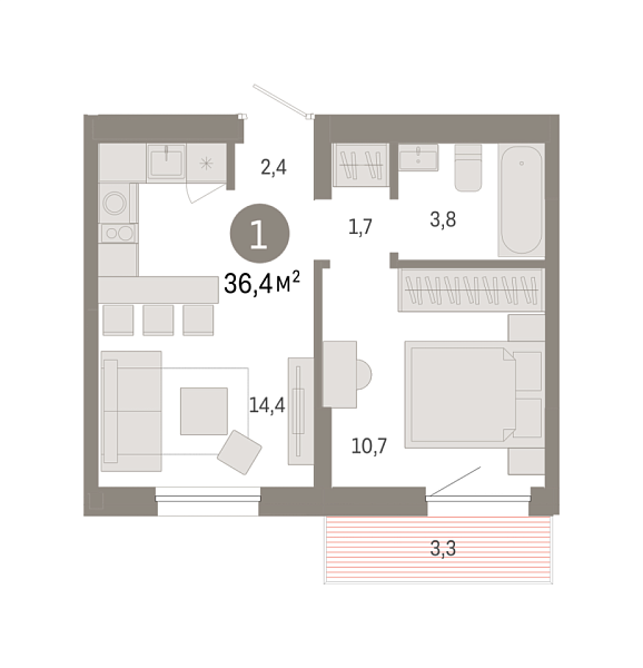 Новая 1-к квартира
 36.38 м² на 4/9 этаже в ЖК «Республики 205» в городе Тюмень 