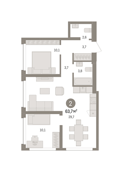 Новая 2-к квартира
 63.72 м² на 2/8 этаже в ЖК «Европейский квартал» в городе Тюмень 
