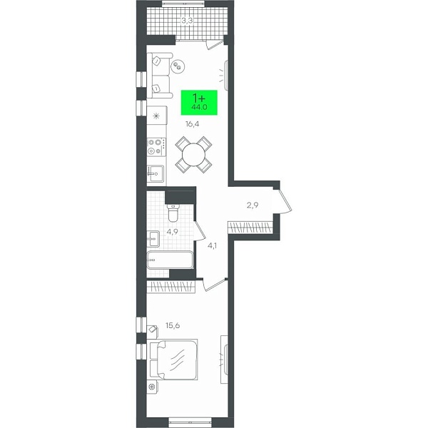 Новая 1-к квартира
 47.41 м² на 2/16 этаже в ЖК «Гранд Квартал» в городе Тюмень 