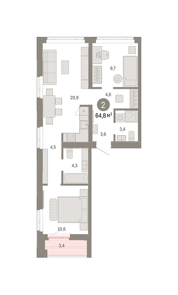 Новая 2-к квартира
 64.77 м² на 7/8 этаже в ЖК «Республики 205» в городе Тюмень 