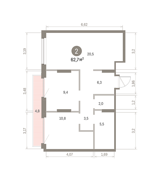 Количество комнат: 2,  62.74 кв.м.