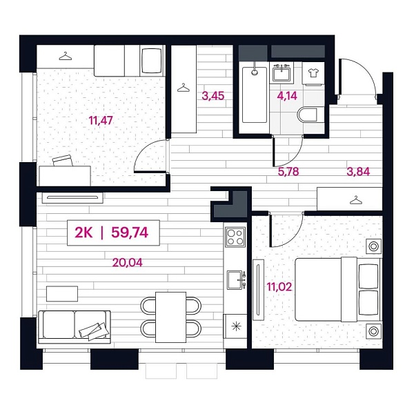Новая 2-к квартира
 59.74 м² на 13/16 этаже в ЖК «Пушкина» в городе Тюмень 