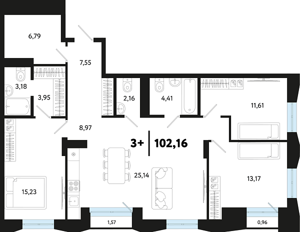 Новая 4-к квартира
 102.16 м² на 3/16 этаже в ЖК «Кедровый берег» в городе Тюмень 