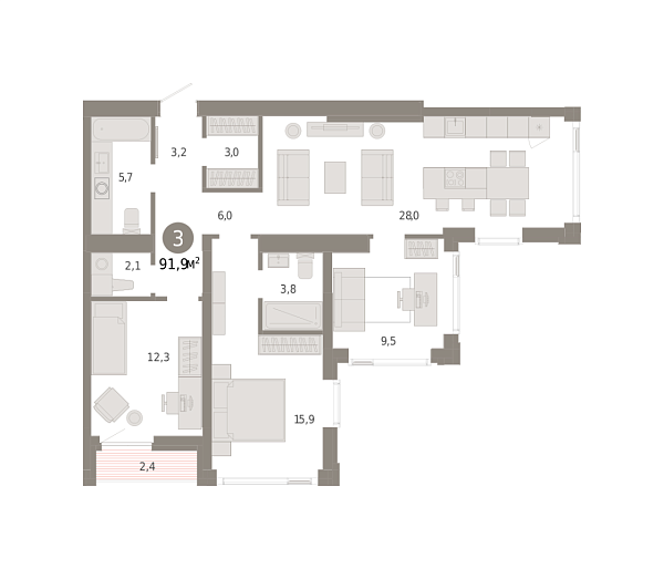 Новая 3-к квартира
 91.93 м² на 23/25 этаже в ЖК «Зарека» в городе Тюмень 