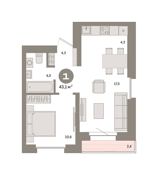Новая 1-к квартира
 43.1 м² на 5/9 этаже в ЖК «Квартал «Метроном»» в городе Тюмень 