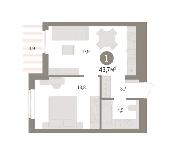 Новая 1-к квартира
 43.7 м² на 5/9 этаже в ЖК «Брусника в Новоселье» в городе Тюмень 
