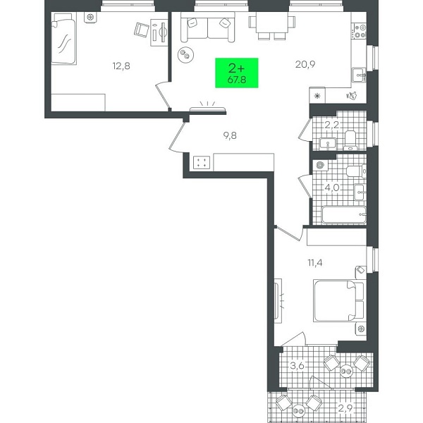 Новая 2-к квартира
 67.88 м² на 8/22 этаже в ЖК «Гранд Квартал» в городе Тюмень 