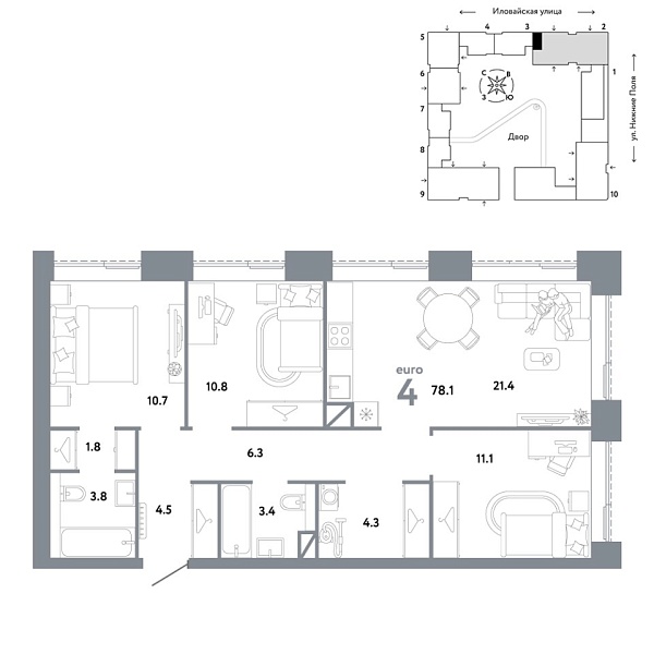 Новая 4-к квартира
 78.1 м² на 15/38 этаже в ЖК «Страна.Заречная» в городе Тюмень 