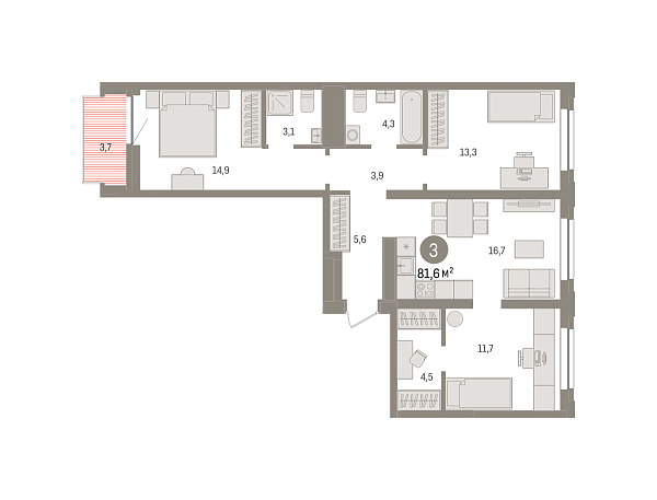 Новая 3-к квартира
 81.6 м² на 5/9 этаже в ЖК «Речной порт» в городе Тюмень 