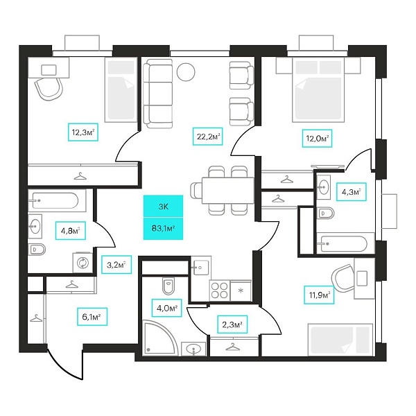 Количество комнат: 3,  83.1 кв.м.