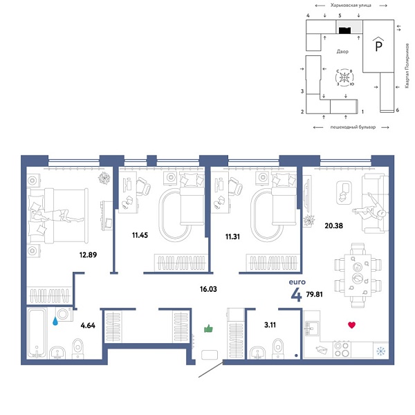 Новая 4-к квартира
 79.81 м² на 13/25 этаже в ЖК «Сердце Сибири» в городе Тюмень 