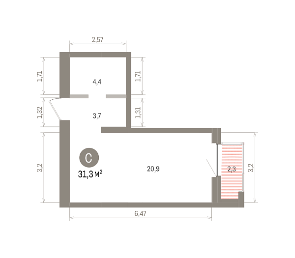Количество комнат: Студия,  31.33 кв.м.