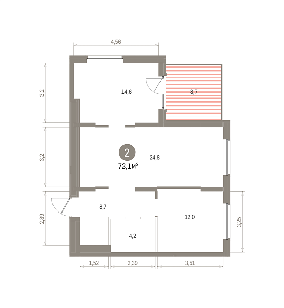 Количество комнат: 2,  73.1 кв.м.