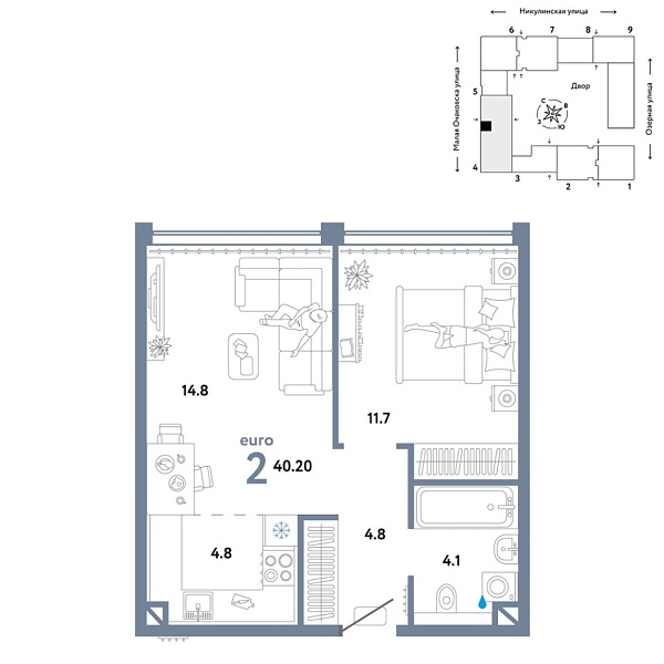 Новая 2-к квартира
 40.2 м² на 12/30 этаже в ЖК «Страна.Озёрная» в городе Тюмень 