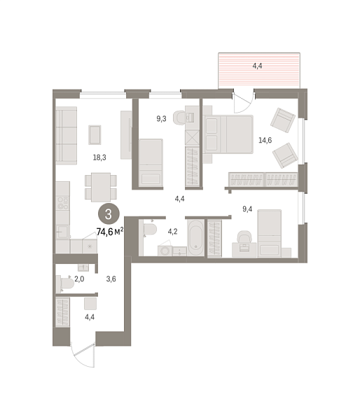 Новая 3-к квартира
 74.36 м² на 6/9 этаже в ЖК «Северный ветер» в городе Тюмень 