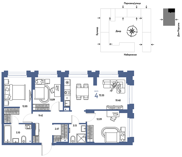 Новая 4-к квартира
 72.55 м² на 2/24 этаже в ЖК «Европейский берег 2.0» в городе Тюмень 
