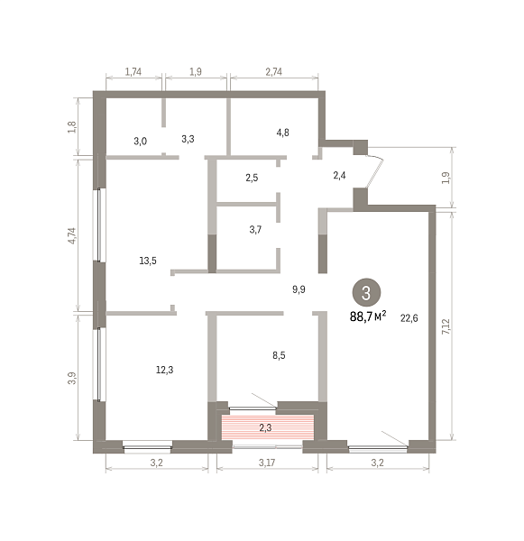 Количество комнат: 3,  88.69 кв.м.