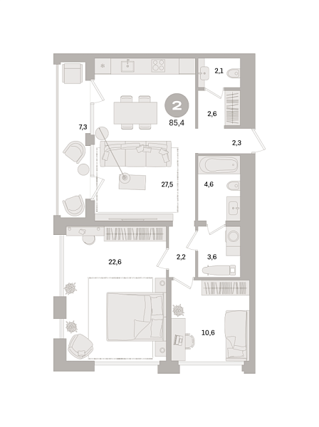 Новая 2-к квартира
 85.4 м² на 10/21 этаже в ЖК «Дом «А»» в городе Тюмень 