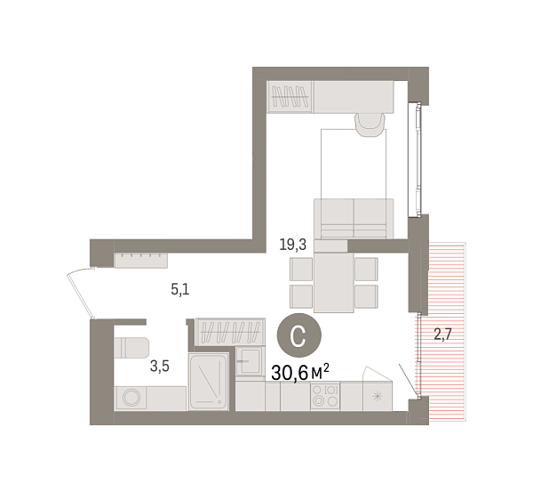 Новая квартира-студия
 30.6 м² на 5/7 этаже в ЖК «Квартал «Траектория»» в городе Тюмень 