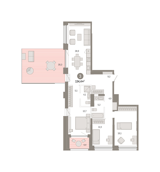 Новая 3-к квартира
 134.4 м² на 5/9 этаже в ЖК «Европейский квартал» в городе Тюмень 