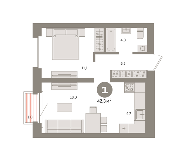 Новая 1-к квартира
 42.3 м² на 16/24 этаже в ЖК «Квартал «Метроном»» в городе Тюмень 