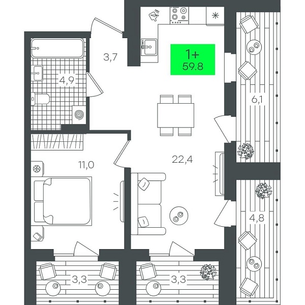Новая 1-к квартира
 59.82 м² на 9/22 этаже в ЖК «Гранд Квартал» в городе Тюмень 
