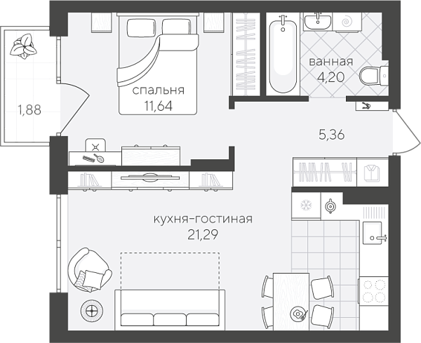 Новая 1-к квартира
 42.3 м² на 4/4 этаже в ЖК «Скандиа. Квартал у Озера» в городе Тюмень 