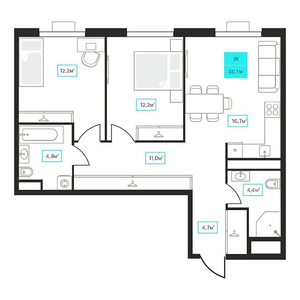 Новая 2-к квартира
 66.1 м² на 23/23 этаже в ЖК «Futuro» в городе Тюмень 
