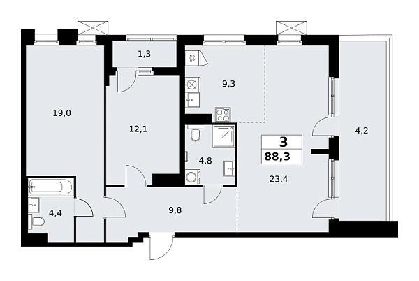 Новая 3-к квартира
 88.3 м² на 18/19 этаже в ЖК «Прокшино» в городе Тюмень 