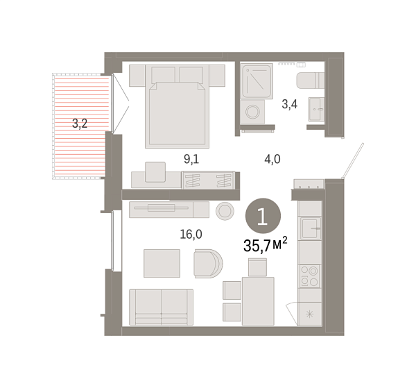 Новая 1-к квартира
 35.69 м² на 5/7 этаже в ЖК «Республики 205» в городе Тюмень 