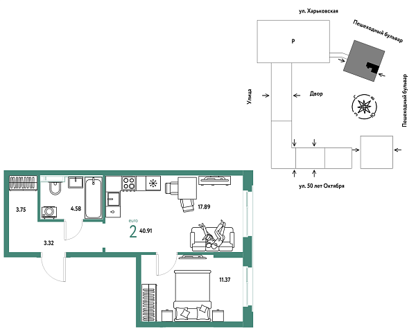 Новая 2-к квартира
 40.91 м² на 12/25 этаже в ЖК «Сердце Сибири» в городе Тюмень 