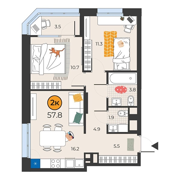 Новая 2-к квартира
 57.8 м² на 5/25 этаже в ЖК «Корней» в городе Тюмень 