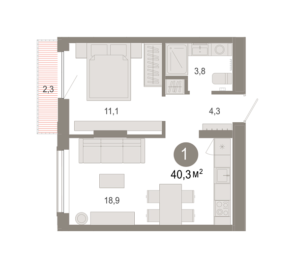 Новая 1-к квартира
 40.29 м² на 4/7 этаже в ЖК «Октябрьский на Туре» в городе Тюмень 