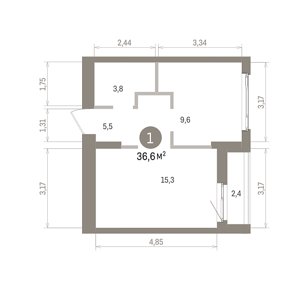 Количество комнат: 1,  36.6 кв.м.
