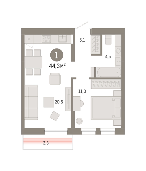 Новая 1-к квартира
 44.29 м² на 7/9 этаже в ЖК «Республики 205» в городе Тюмень 