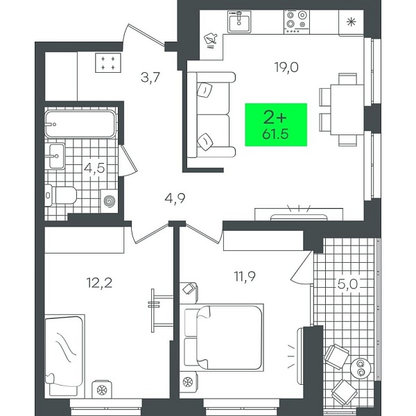 Новая 2-к квартира
 61.57 м² на 12/22 этаже в ЖК «Гранд Квартал» в городе Тюмень 